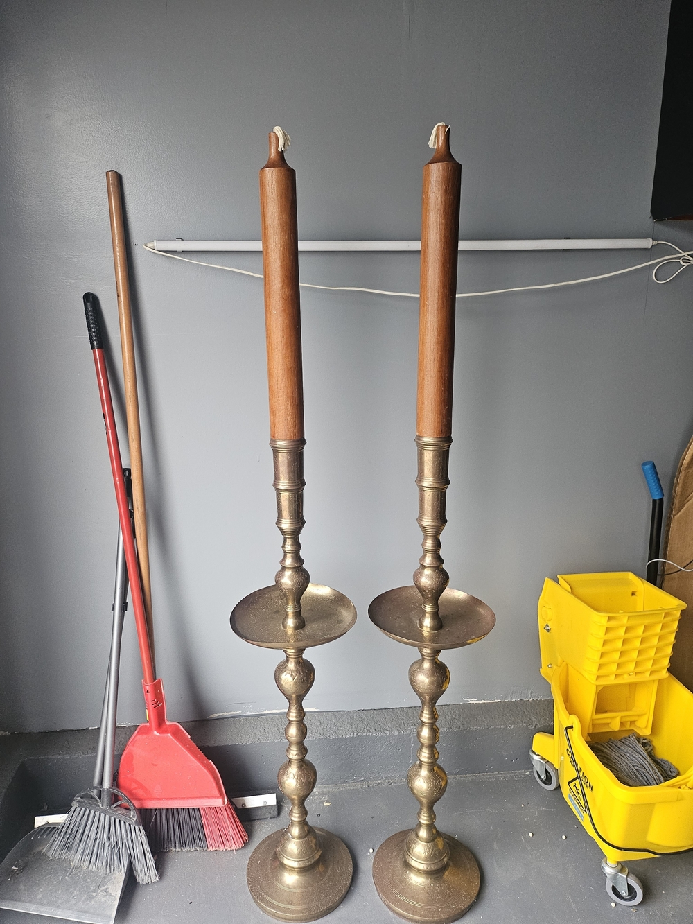 Tall Brass Candle Holders with Brown Wooden Taper Candles